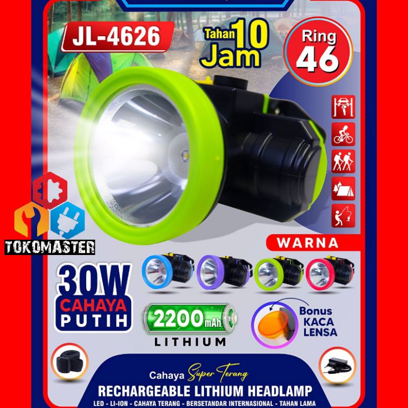 Senter Kepala Cas 30W JL 4626 Murah Terang Led Headlamp Charge 30watt Cahaya Putih