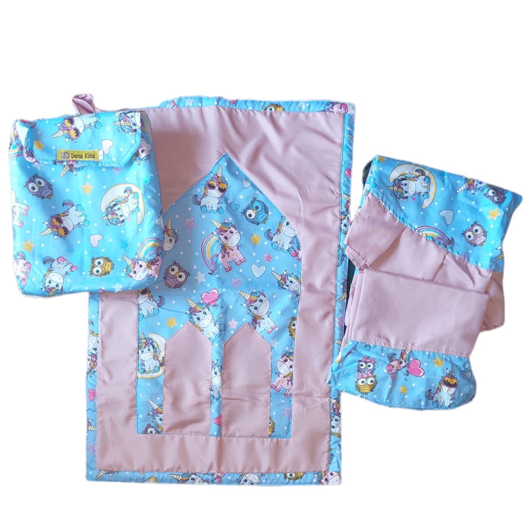 Mukena Anak 3 IN 1 Ada Sajadah Dan Ransel Usia 3 4 5 6 7 8 Tahun Bahan Katun Clodia Motif Kartun-Sky Unicorn