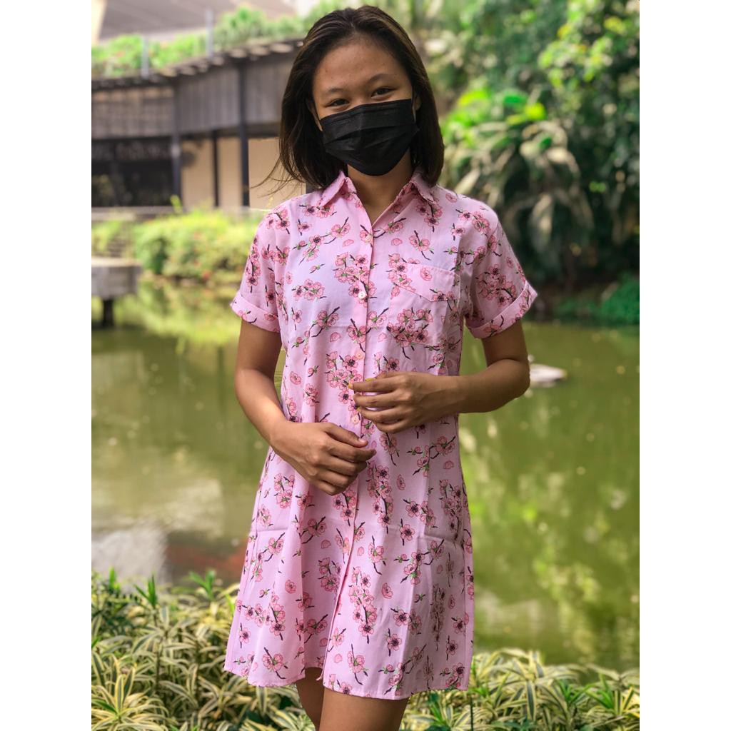 Baju Atasan Wanita Kemeja Tunik Motif Flower Lengan Pendek Fashion Korea EVS-051 Bunga