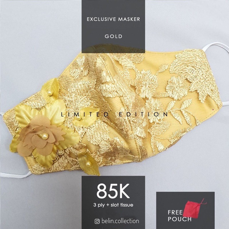 Masker Kain Brokat Premium Pesta Fashion Gold Emas 3D Bunga 3ply