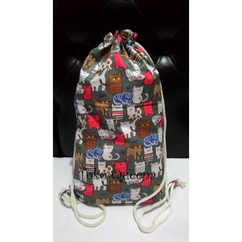 Tas serut / stringbag motif Kucing Abu-abu size S, M, L handmade / murah