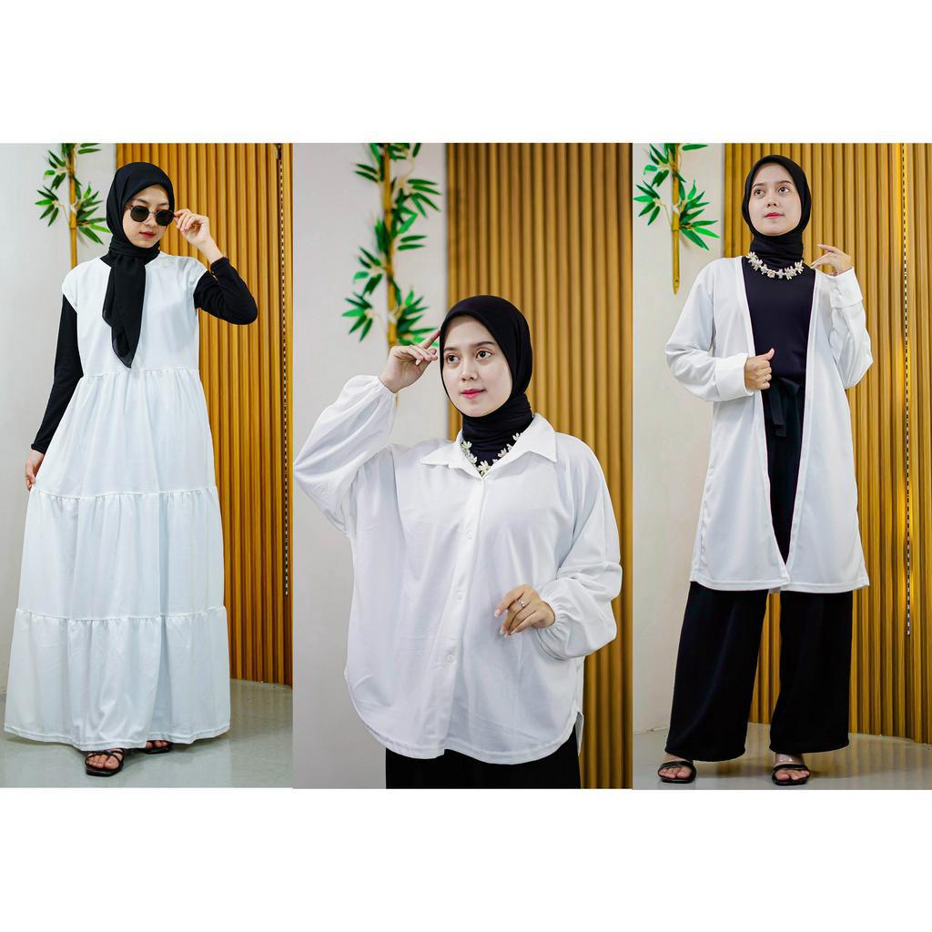 Bundling white rose / kemeja oversize inner gamis long outer / bundling kemeja oversize long outer inner gamis terbaru 2023 / paket bundling terbaru 2023