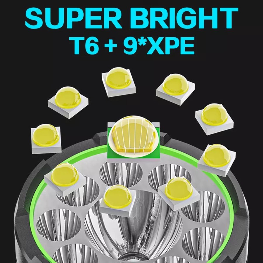 Senter 10 LED Super Terang T6 + 9 XPE Cob Samping