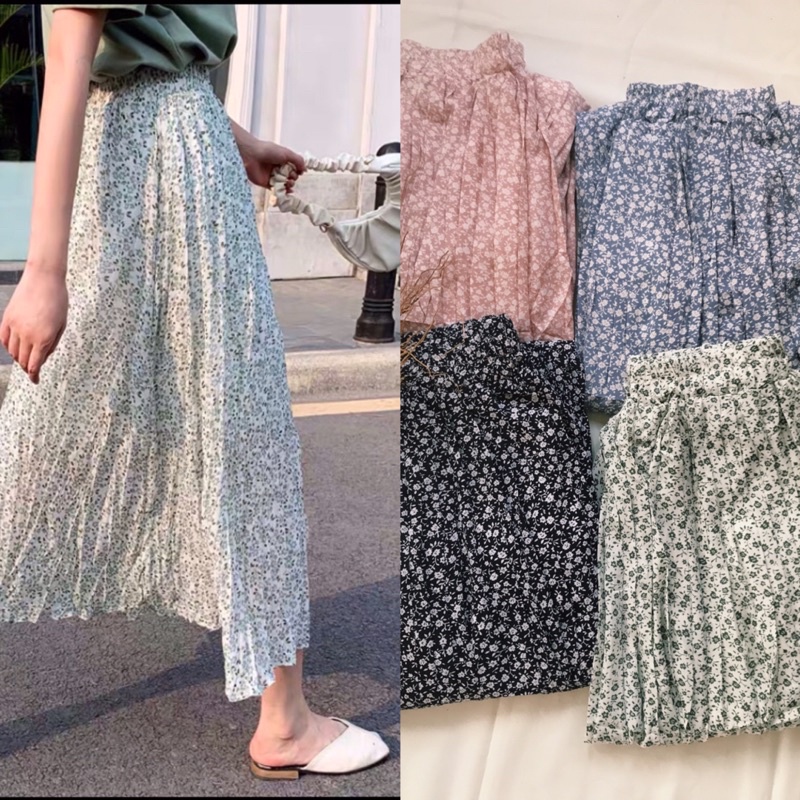 Rok Panjang Plisket Prisket Pastel/ Rok Import / Maxi Skirt Motif