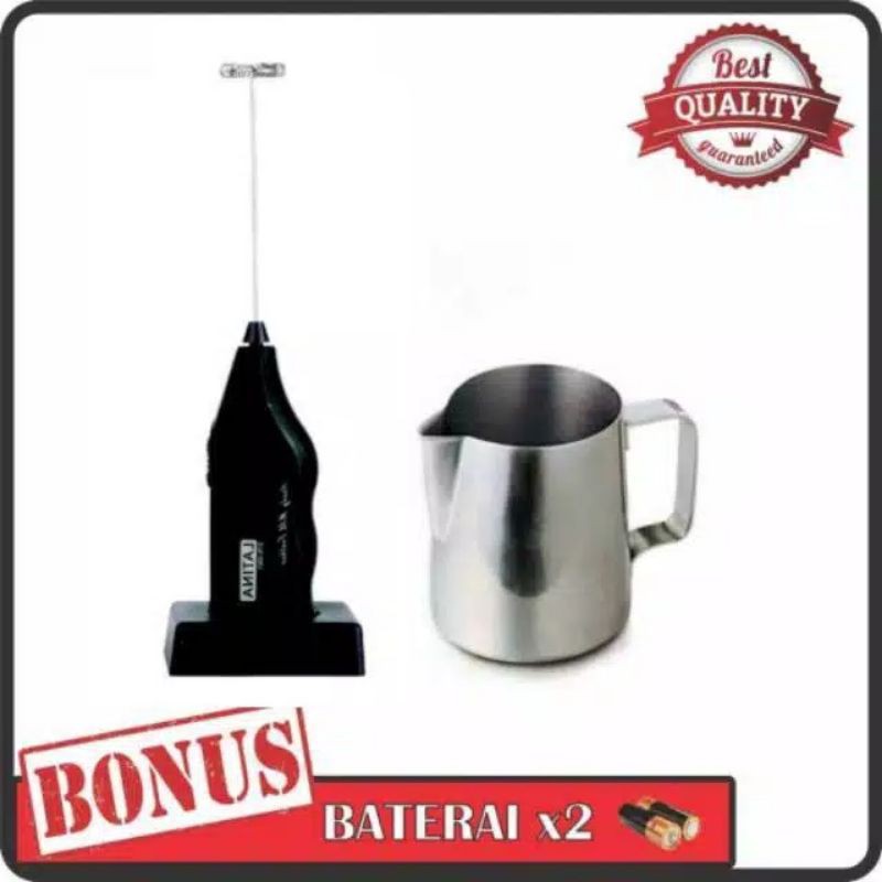 PAKET STAINLESS MILK JUG 600 ml ONE TWO CUPS + MILK FROTHER LATINA VORTEX (LATTE ART)