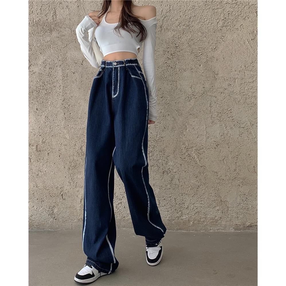 Suhao Jeans Wanita Ruangan Lebar Kaki Pel Celana Musim Gugur Baru Longgar Celana【15Dikirim Dalam Wak