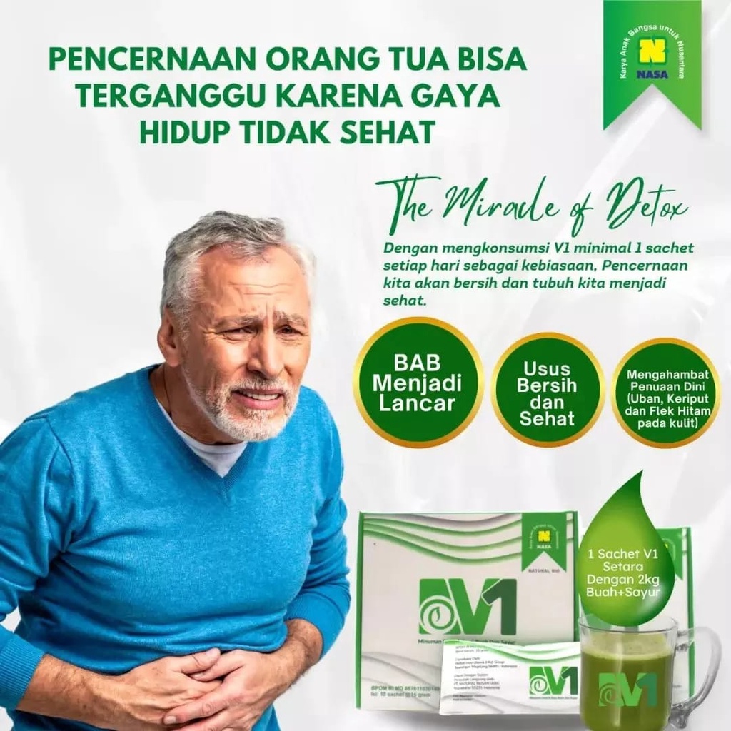 

Minuman Serbuk untuk Melancarkan Pencernaan BAB Detoks Tubuh Natural Bio V1 NASA isi 15 Sachet