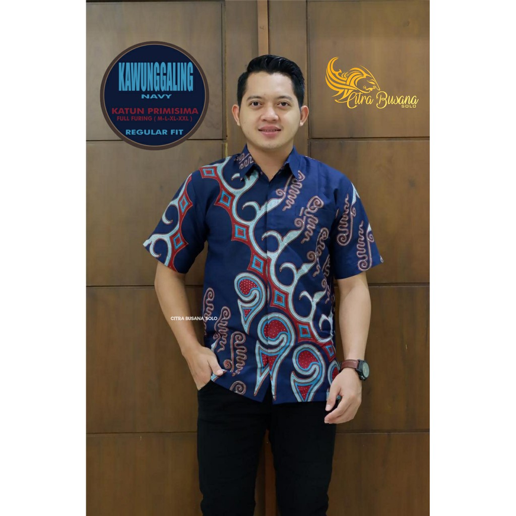 KAWUNGGALING NAVY PENDEK Kemeja Batik Pria Full Furing Bahan Katun Primisima