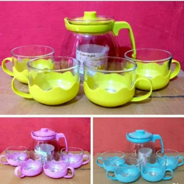 TEA POT KACA , teko set plus cangkir bahan kaca