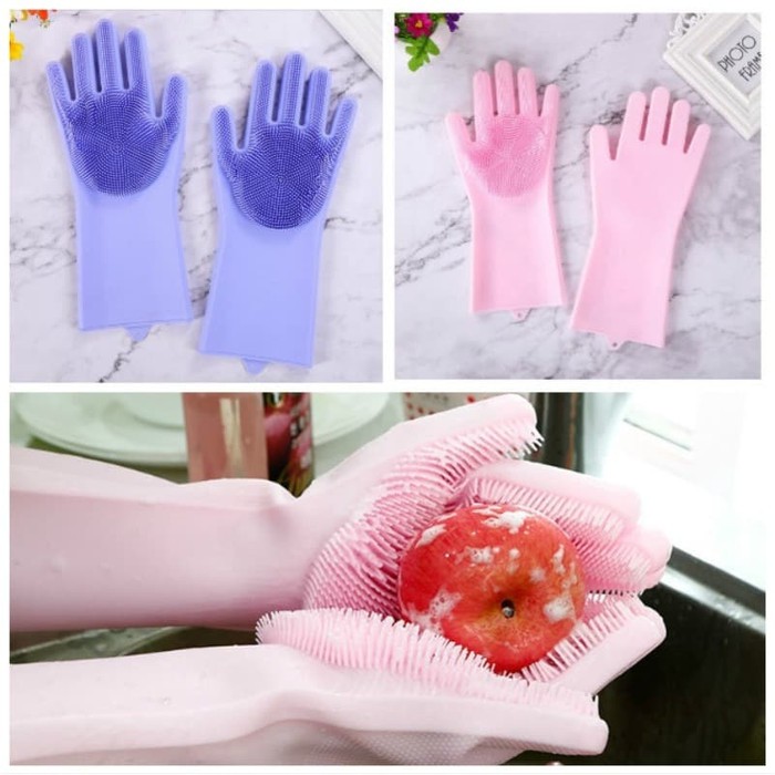 Sarung tangan SILIKON Sabut cuci piring Silicone Gloves Magic Spon New - Biru