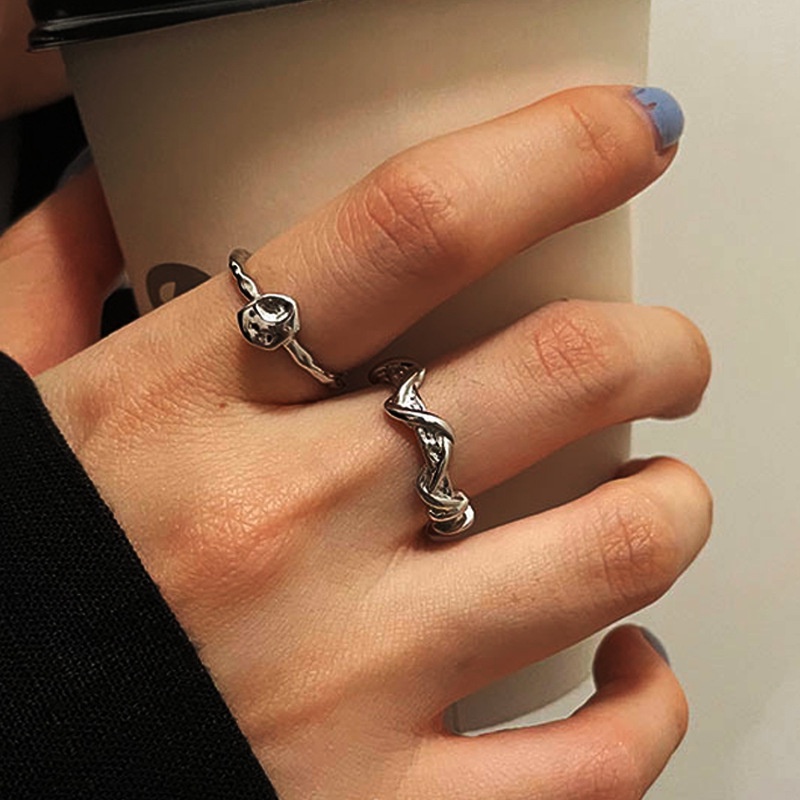 2 Pcs/Set Cincin Mode Tidak Teratur Cincin Perak Terbuka Unisex Yang Dipersonalisasi