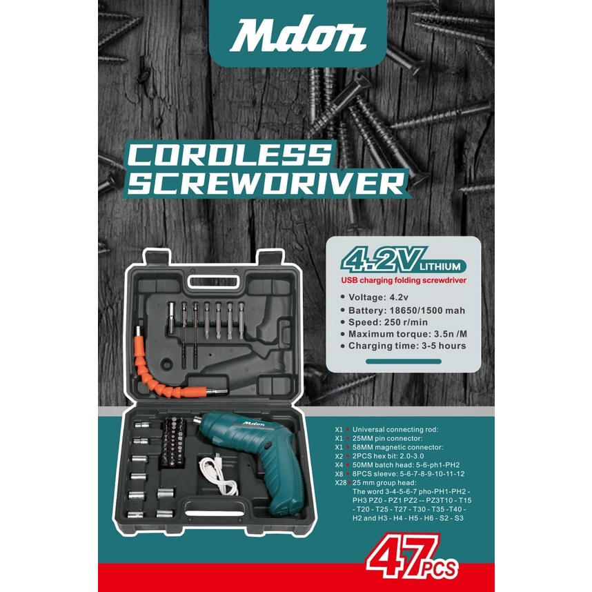 MDON 4.2 V 47 pcs cordless Obeng Elektrik Cordless Screwdriver Cas Bor Jld