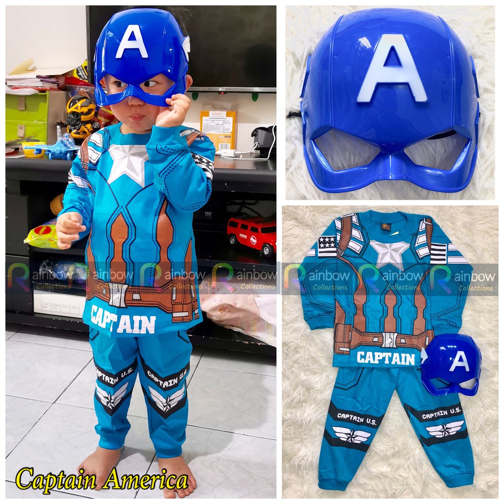 SETELAN ANAK KOSTUM (SABLON) + TOPENG SUPERHERO CAPTAIN AMERICA