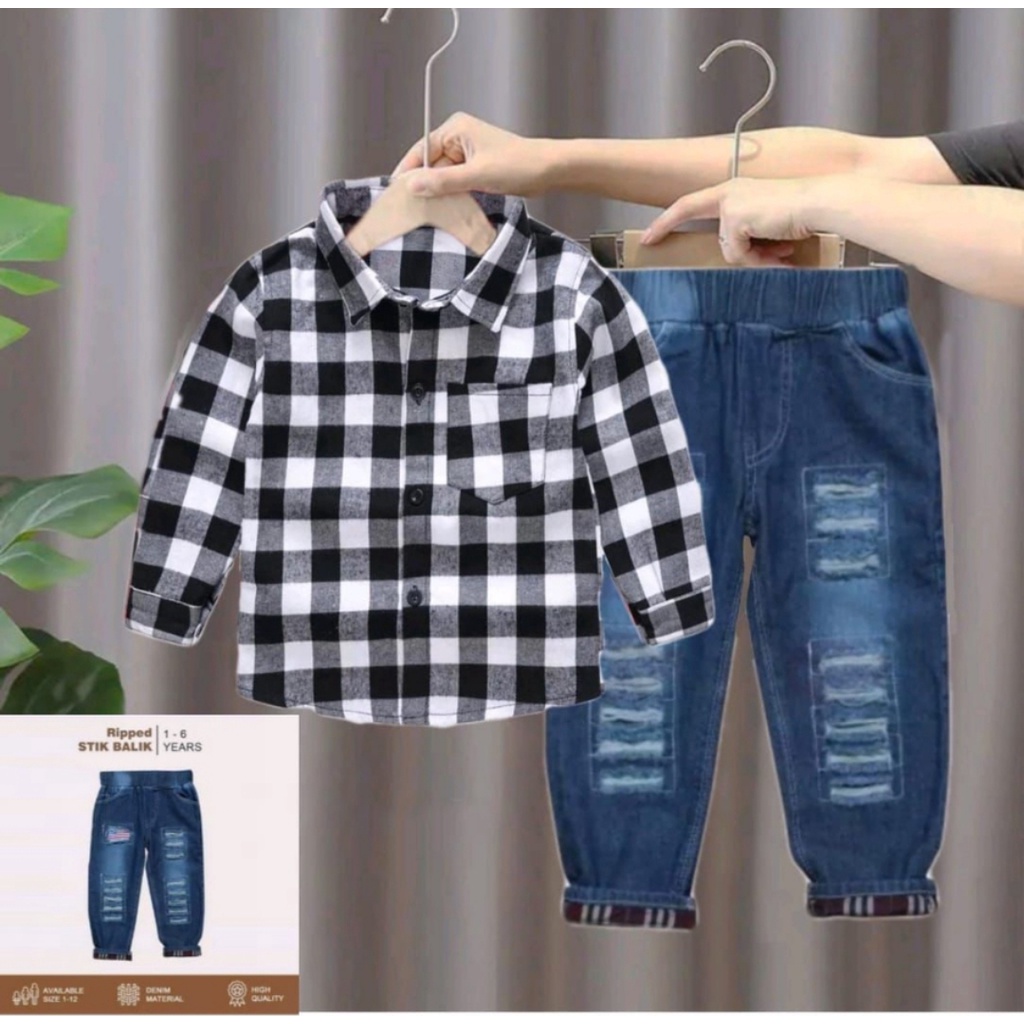 PROMO SETELAN COMBI ANAK MOTIF KEMEJA FLANEL/SETELAN COMBI ANAK LAKI LAKI JEANS STIK BALIK+KEMEJA PLANEL TERBARU