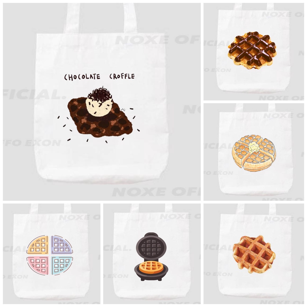 TOTE BAG KANVAS ANTI AIR GAMBAR LUCU CROFFLE WAFFLE CROISANT