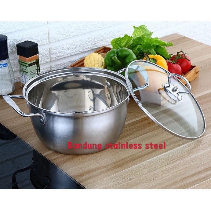 Panci sup soup pot 22cm 24cm stainless steel tutup kaca murah gagang stainless