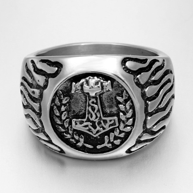 Men's Rings Vintage Antiques Gothic Cars Nordic Myths Thor Hammer Design Stainless Steel Punk Ring Black Silver Ring