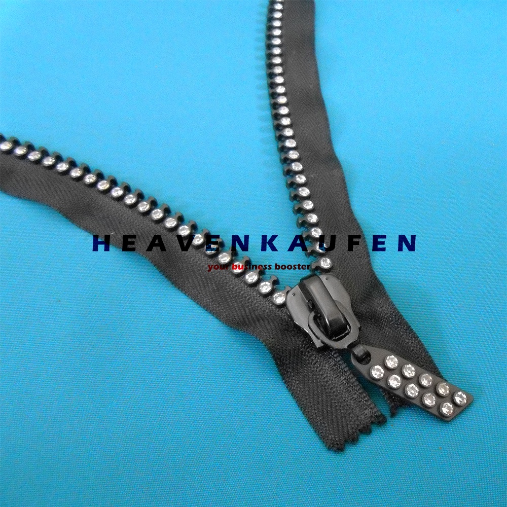 Resleting Zipper Busana 15 cm Warna Hitam Variasi Hias Permata Imitasi