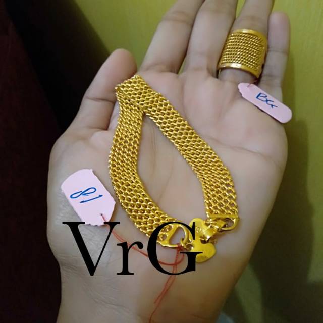 set gelang&amp;cincin jala lapis emas 24 k ukuran sertakan d catatan