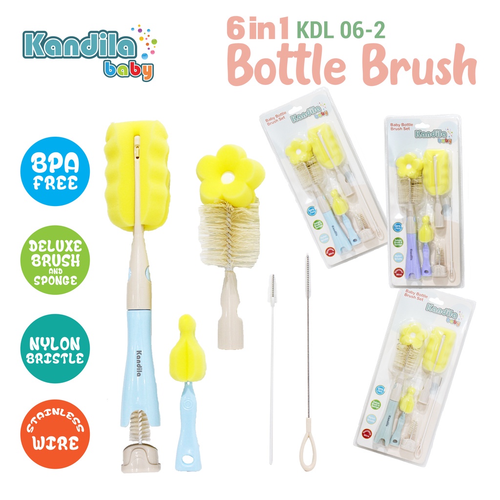 *FRAULEINCO* KANDILA Baby 6 in 1 SIKAT BOTOL Susu + Sedotan + Dot Bayi - Bottle + Straw + Niple Brush SET -  Silicon Bottle Brush - Food Container