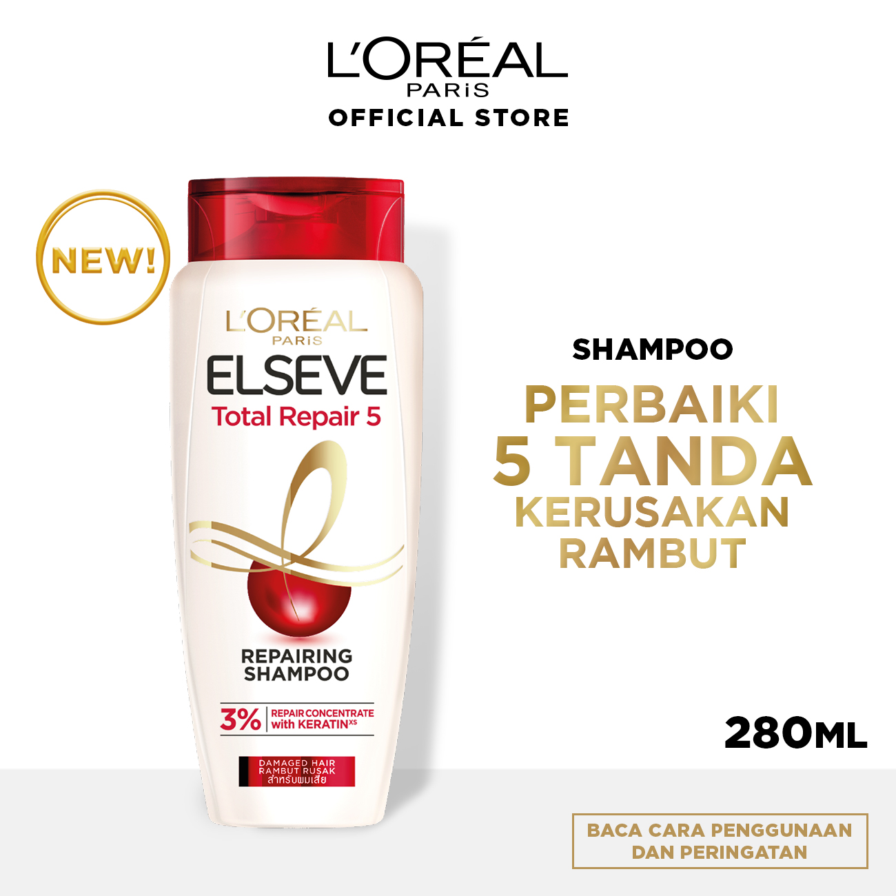 L'Oreal Paris Total Repair 5 Shampoo Hair Care - 280 ml (Perawatan Rambut Rusak dan Mudah Patah)