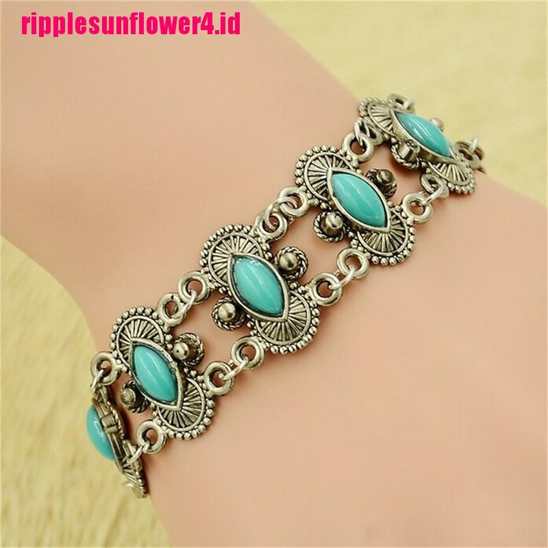 Gelang Tangan Silver Aksen Batu Turquoise Ala Bohemian Untuk Wanita