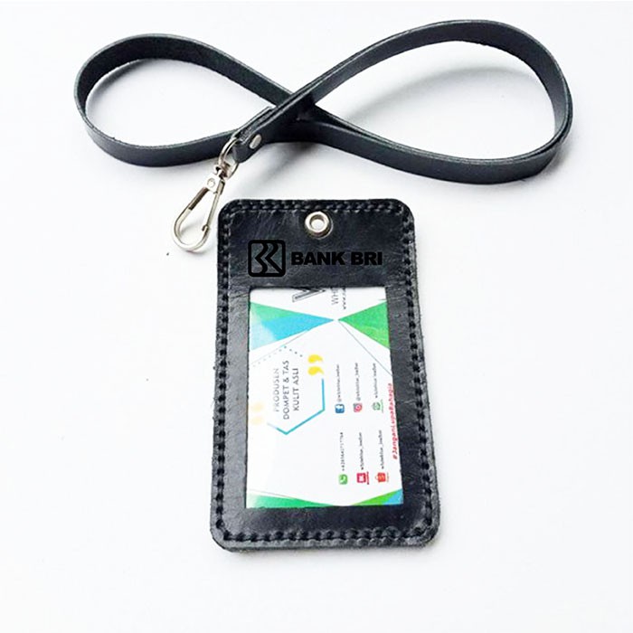 name tag id kulit asli logo Bank BRI  warna HITAM - tali id card. gantungan id card -