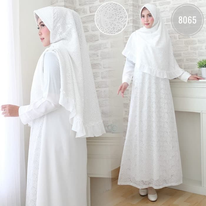 TERMURAH Pakaian Muslim gamis wanita cewe ramadhan lebaran Syari Putih Muslim #8065 G STD Putih, M p