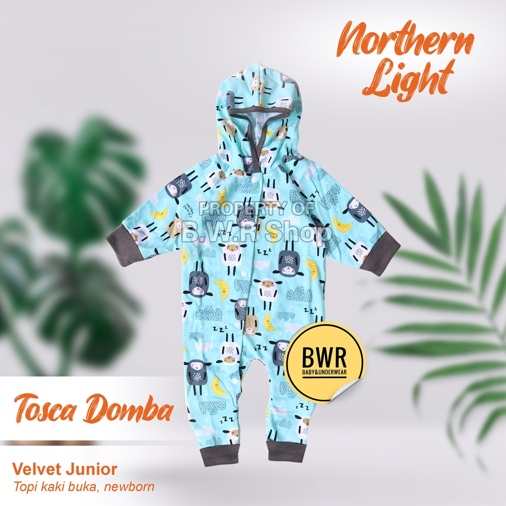 TBK Jumsuit Velvet Junior NORTHERN LIGHT Terbaru / Sleepsuit Bayi Newborn Jumper Topi Panjang Buka Kaki | Bwr