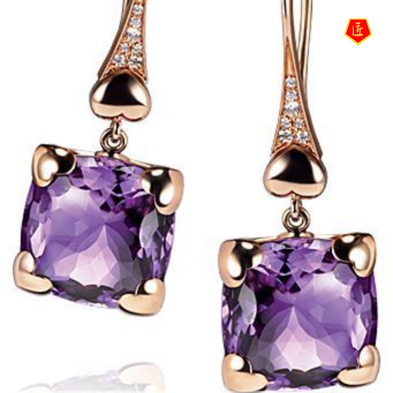 [Ready Stock]Fashion Love Heart-Shaped Amethyst Earrings 14K Rose Gold