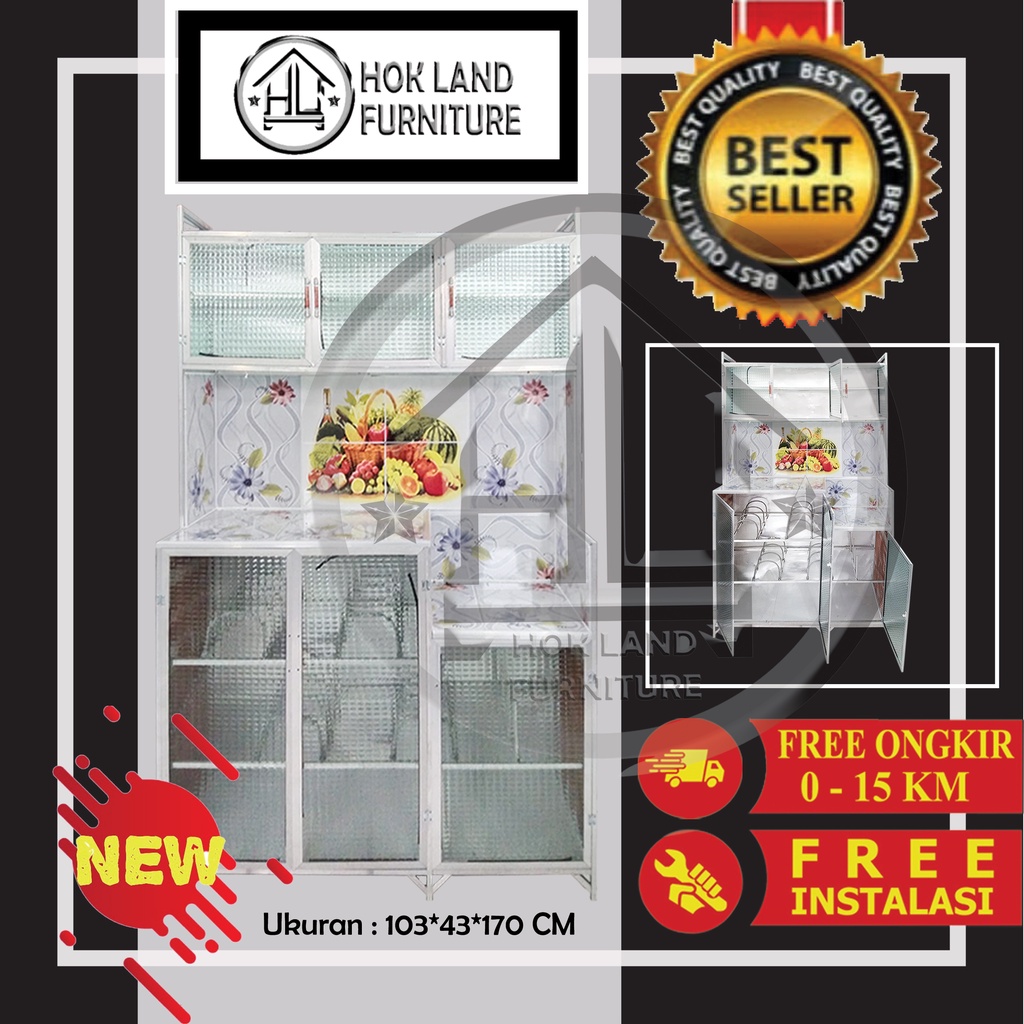 Rak Piring Aluminium Kaca 3 Pintu Samping Full Kaca Keramik / Rak Piring 3 Pintu Magic Com / Rak Pir