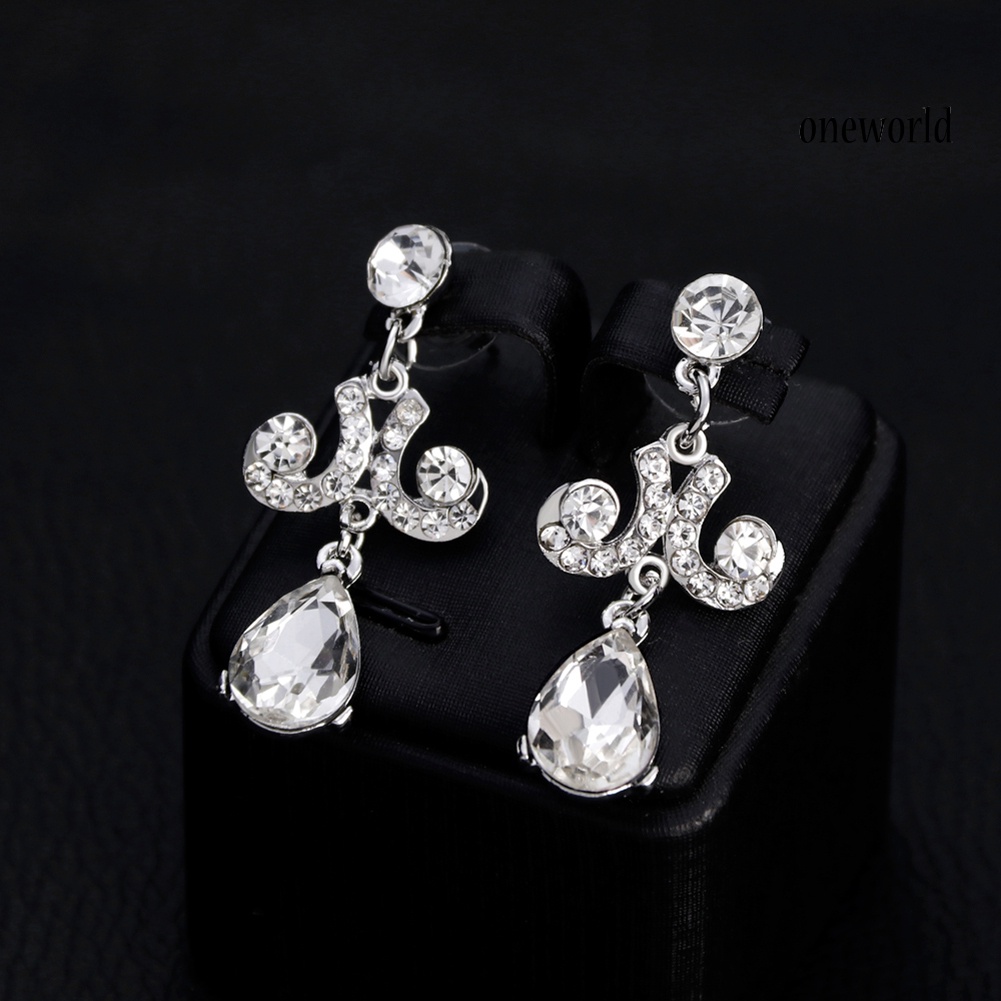 OW@ Lady Fashion Rhinestone Pendant Earrings Necklace Luxury Bridal Jewelry Set