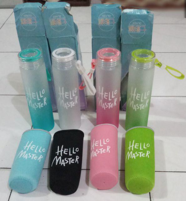 Hello Master + Pouch Warna 450ml Botol Minum Kaca / Botol Air / Water Glass Bottle