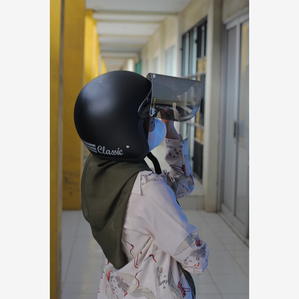 Helm Bogo Retro Classic SNI Dewasa Full Leher Kaca Cembung Kaca Datar Injak Hitam Bening Untuk Pria Dan Wanita COD