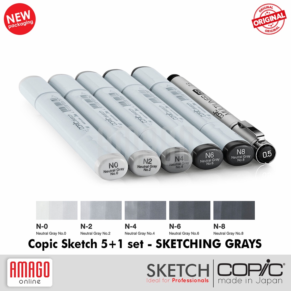 COPIC SKETCH - SET ISI 5 WARNA NEUTRAL GRAY + 1 MULTILINER SP 0.5