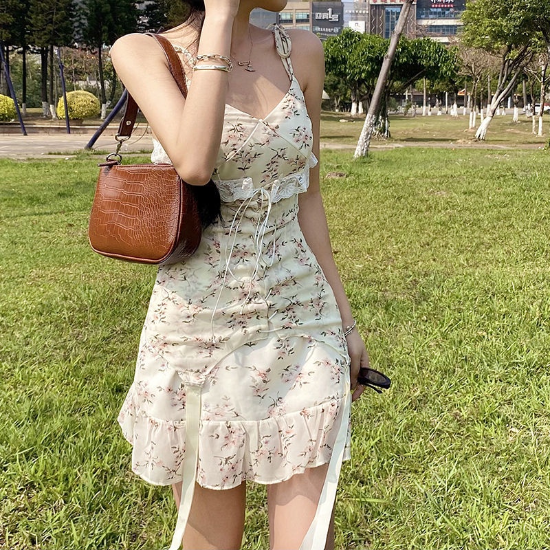 dress korean style [48 hours delivery] French pastoral style floral suspender skirt strappy high wai