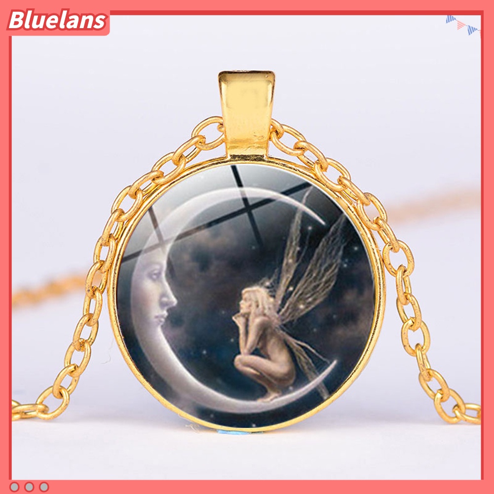 Bluelans Vintage Women Moon Angel Cabochon Glass Pendant Sweater Chain Necklace Jewelry