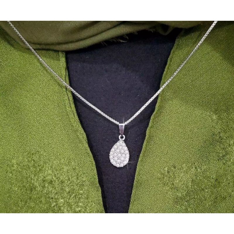 Kalung Itali free liontin oval silver permata cantik fashion wanita titanium original anti luntur