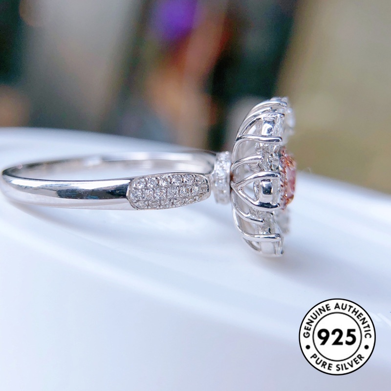 Cincin S925 Silver Bentuk Kotak Aksen Berlian Warna Pink