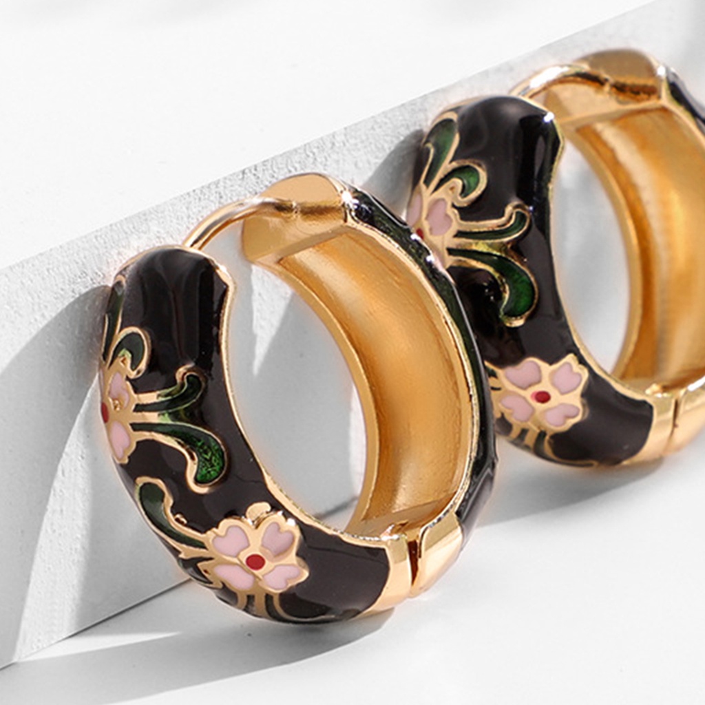 Hu Hu Hu Hu Hu Alat Bantu Pasang Kacamata♡ 1 Pasang Anting Stud Bentuk Lingkaran Motif Print Bunga Aksen Kubik Zirkon Gaya Vintage