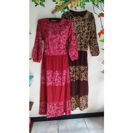 Gamis kaos bunga kombinasi polos karet pinggang