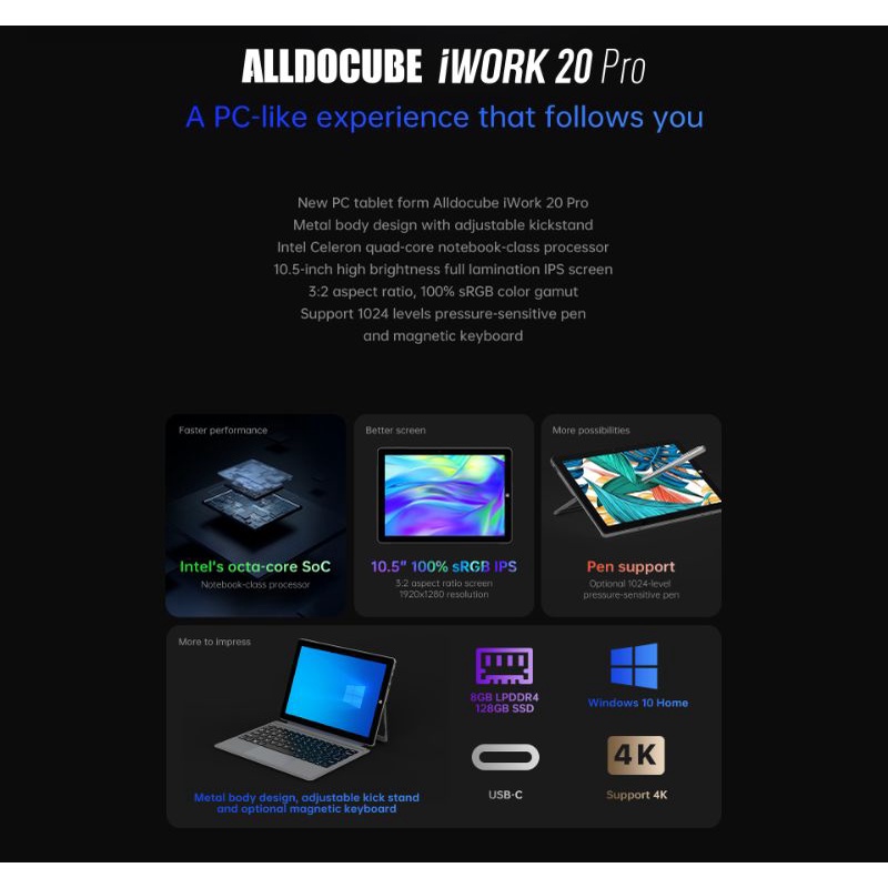 Alldocube iWork20 Pro 8/128GB SSD N4120 Windows 11 IPS 10.5&quot; Keyboard+Stylus Pen
