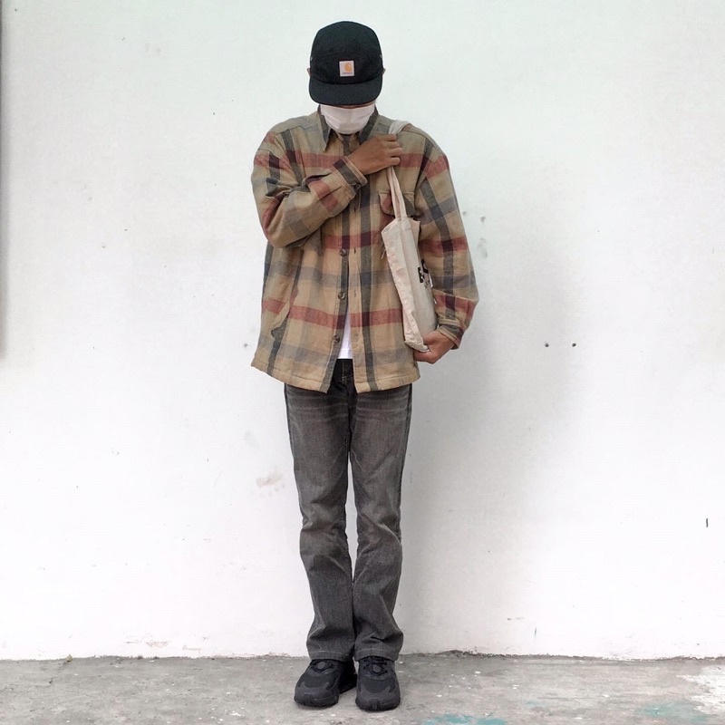 Flannel jacket best material wool, empat saku, motif vintage, bahan tebal dalam furing