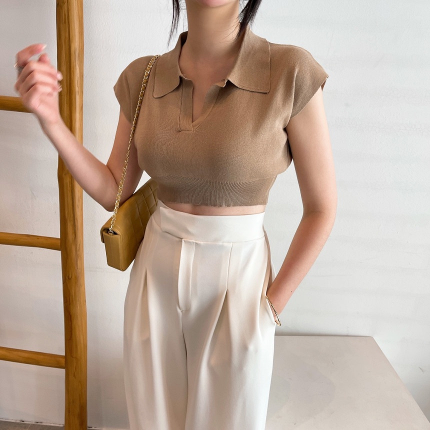 XIAOZHAINV Korean Vneck Crop Top Blouse Polo Shirt Atasan Wanita