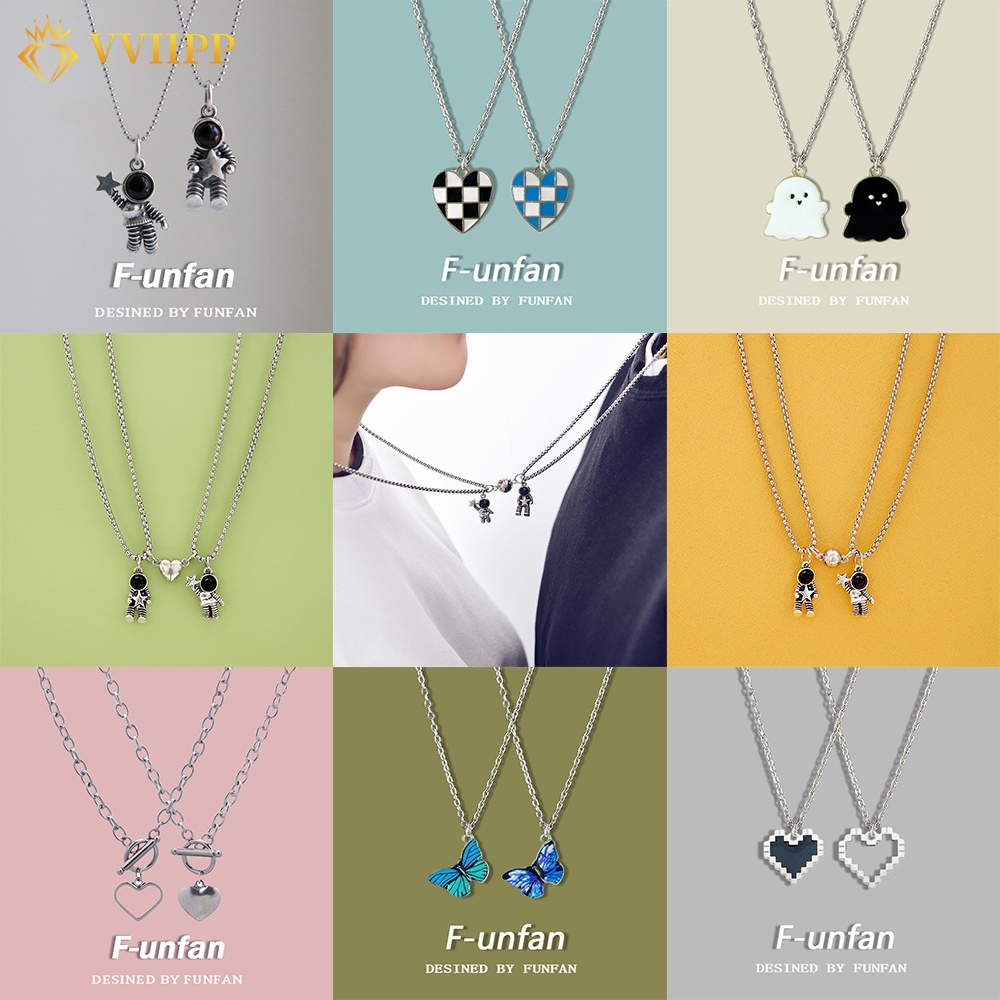 2pcs / set Kalung Rantai Choker Hias Liontin Kupu-Kupu Spaceman Ghost Heart Warna Silver Untuk Wanita