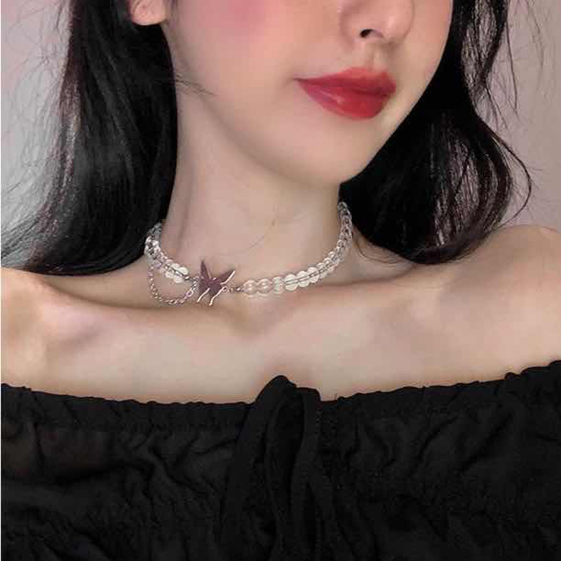 INS Japan and Korea Super Fairy Butterfly Girl Necklace Choker Transparent Round Beads Punk Collarbone Chain