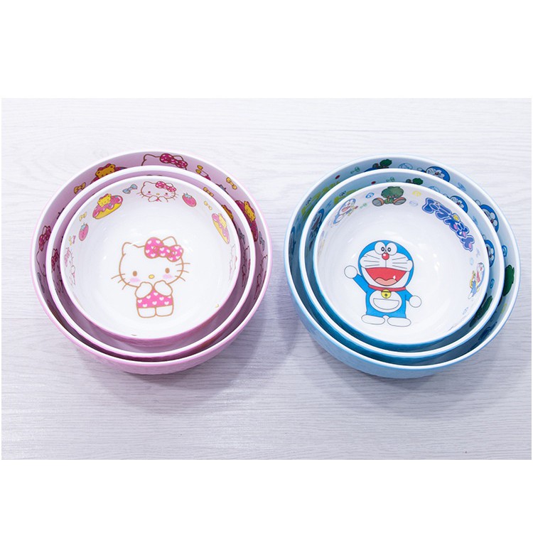 PM08 Mangkuk Melamin Hello kitty Doraemon Bulat Set isi 3 mangkok