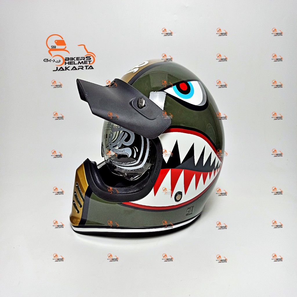 JPX HELM SIGNATURE JP RETRO SG 07 GREEN ARMY GLOSS FULL FACE RETRO