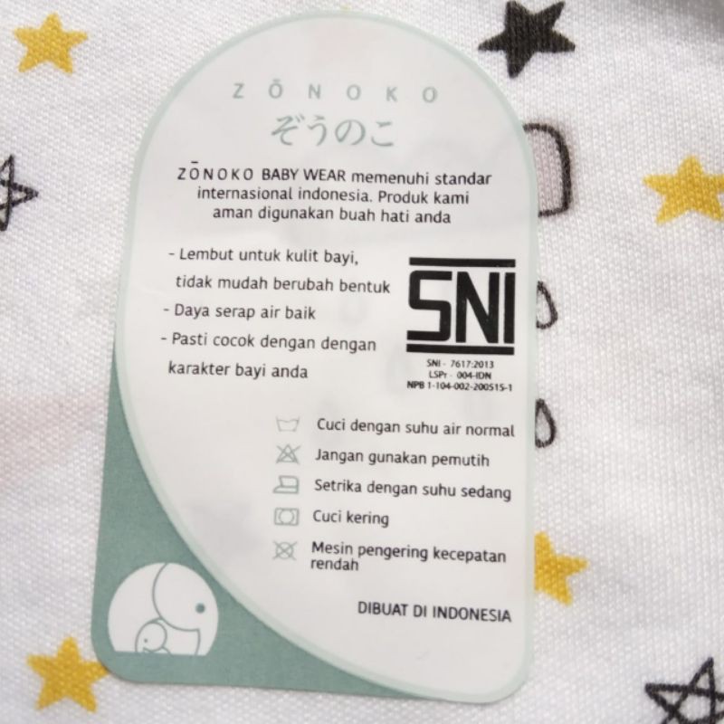 ZONOKO Setelan Bayi Lengan Panjang / Piyama Bayi SNI Kancing Pundak Uk. S - XL