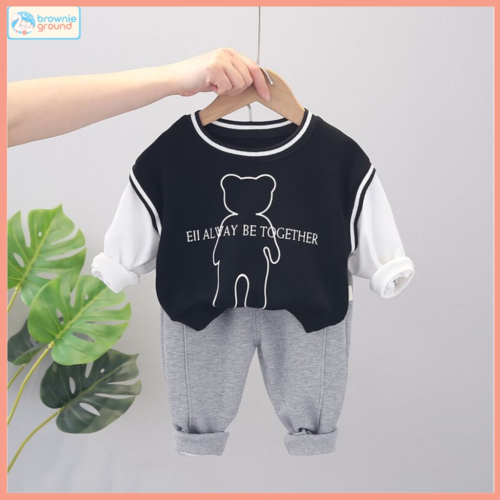 [COD] Setelan baju baby impor premium Motif LINEBEAR Baju baby korean style 0-5 Tahun baju impor korea Lengan panjang brownieground